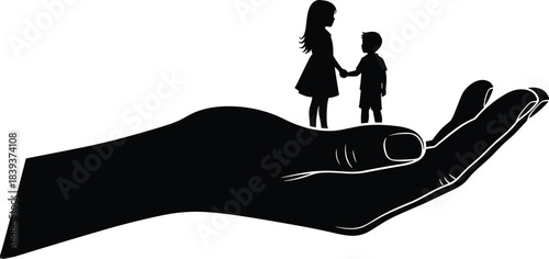 Silhouette of protective hand holding boy and girl standing together, symbolizing care, safety, and nurturing guardianship
