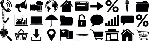 Collection of black silhouette icons representing various objects and concepts silhouette