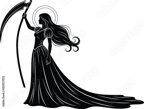 Gothic Goddess of Death Portrait, Woman in Black Veil and Cloak Holding Scythe, Mysterious Personification of Mortality, Soul Reaper, Fantasy Art.