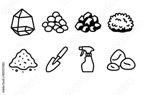 Terrarium Supplies Icons. Terrarium Supplies linear set: glass container, drainage pebbles, activated charcoal, nutrient soil mix, moss patch, mini trowel, spray bottle, decorative