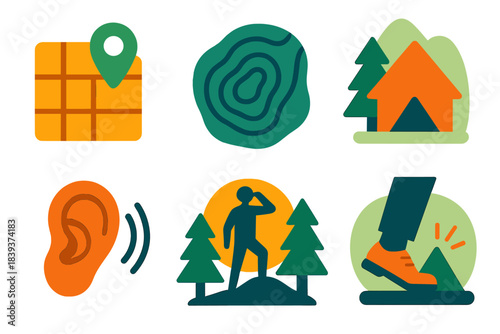 Modern Navigation Icons. Forest Navigation Skills flat set: navigation grid, terrain contour, safe shelter icon, listening ear, lookout point, cautious step.