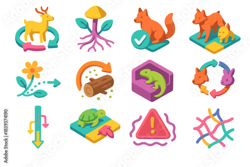 Ecosystem Icon Network. Interdependent Species Networks flat isometric set: herbivore-grazer circuit, fungal root exchange pod, predator check marker, cooperative hunting band,