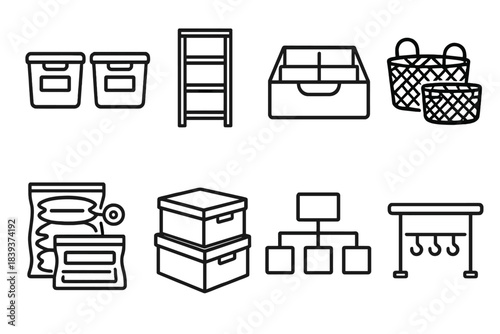 Organized Storage Icons. Organized Storage Solutions Set linear set: labeled bins, shelving unit, drawer dividers, storage baskets, space-saving bags, stackable boxes, organization