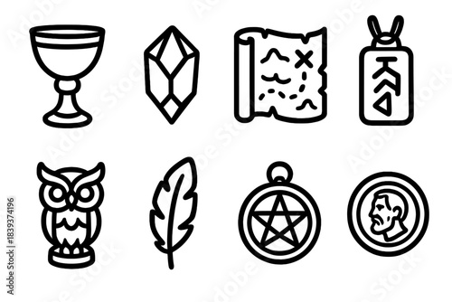 Adventure Icon Set. Adventure Artifact Set linear set: sacred chalice, arcane gem, weathered map, binding rune, spirit totem, enchanted feather, metal sigil, old coin.