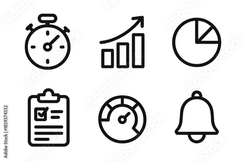 Goal Tracking Icons. Goal Tracking Tools linear set: stopwatch, bar chart, pie chart, clipboard, progress tracker dial, reminder bell.