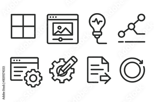 Creative Ops Automation Icons. Creative ops automation linear set: task module tile, content slider, idea pulse node, workflow sequence bar, rules panel, creator engine icon,