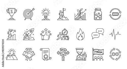Collection of business and success icons isolated on, including trophy, target, lightbulb, leader, chart, and other symbols