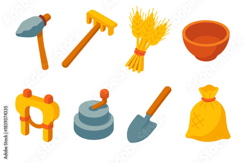 Primitive Farming Tools. Primitive farming toolkit isometric flat set: stone hoe, wooden rake, sheaf of barley, clay bowl, animal harness, hand grinder, small shovel, woven sack.