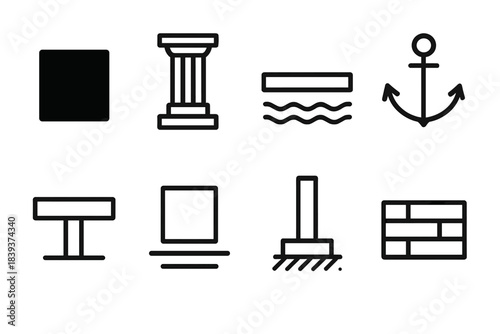 Foundation Icons Set. Foundation Icons Set linear set: solid block, firm pillar, grounded line, anchor symbol, stable platform, base layer, supporting beam, steady brick.