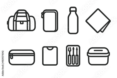 Essential Travel Icons. Essential carry gear linear set: compact duffel, travel organizer, reusable bottle, quick-dry cloth, slim pouch, RFID sleeve, tiny toolkit, snack container.