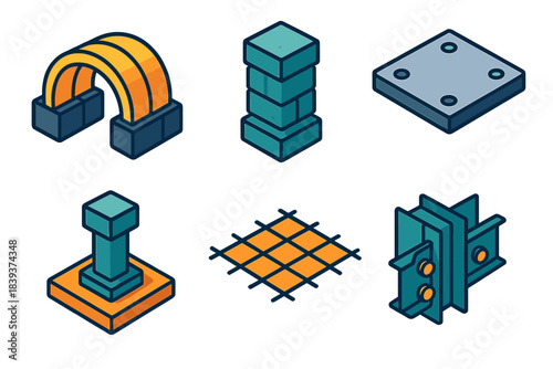 Isometric Structure Icons. Build & Mine Structures isometric flat set: tunnel brace, stone pillar, steel plate, footing pad, mesh reinforcement, structural joint.