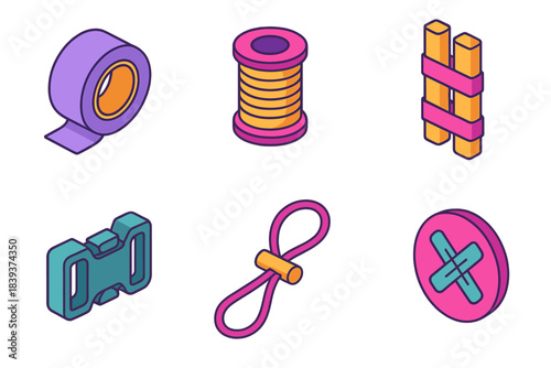 Backcountry Repair Icons. Backcountry Fix Set isometric flat set: duct tape roll, stitching thread, improvised splint, gear buckle, tightening cord, mend symbol.
