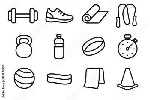 Fitness Equipment Icons. Physical Fitness Routines linear set: dumbbell, running shoe, yoga mat, jump rope, kettlebell, water bottle, stretching band, stopwatch, balance ball,