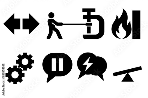 Inner Drive Icons. Competing inner drives silhouette set: opposing impulse arrows, motivation tug line, restraint clamp, desire flame vs barrier, dual-motive gears, hesitation