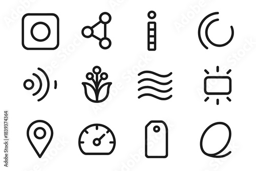 Sensory Icon Collection. Subtle Sensory Indicators linear set: micro-cue tile, instinct drift node, soft-signal bar, sensory ring arc, faint-sound dot, delicate scent patch,
