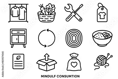 Sustainable Living Icons. Mindful Consumption linear set: minimalist wardrobe, local produce basket, repair café tools, secondhand clothing tag, upcycled furniture piece, circular