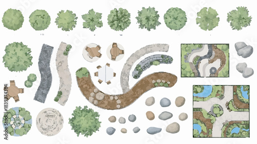 Top View Vector Collection of Landscape Architectural Design Elements: Trees, Paths, Rocks, and Park Layouts