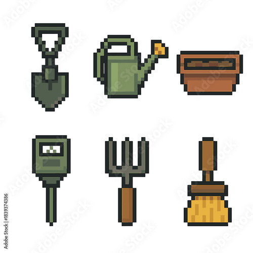 Balcony Gardening Icons. Urban Balcony Tools set of icons in flat pixel vector style: foldable spade, compact watering jug, balcony planter box, soil tester, root fork, tiny brush