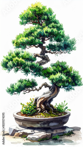 Tranquil juniper bonsai tree with green scaly foliage and twisted, textured trunk. Watercolor style painting isolated on white background, evoking peace and zen