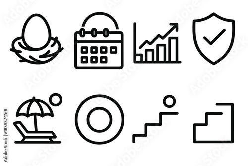 Retirement Planning Icons. Retirement Planning Set linear set: nest egg, calendar horizon, steady income bar, low-risk chart, protection ring, leisure icon, clarity dot, timeline
