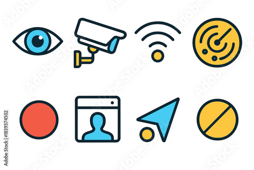Minimal Surveillance Icons. Surveillance Icons Set flat set: watchful eye, camera outline, signal waves, radar sweep, alert dot, observation window, tracking arrow, silent lens.