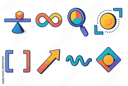 Isometric Icon Set. Steady Perspective Framework flat isometric set: viewpoint balance bar, rational–emotional blend symbol, context-awareness lens, reflective pause dot, reframing