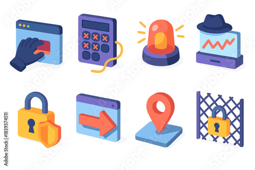 Digital Security Icons. System breach set isometric flat set: forced entry icon, tampered passcode pad, warning light, suspicious activity chart, locked shield, intrusion attempt