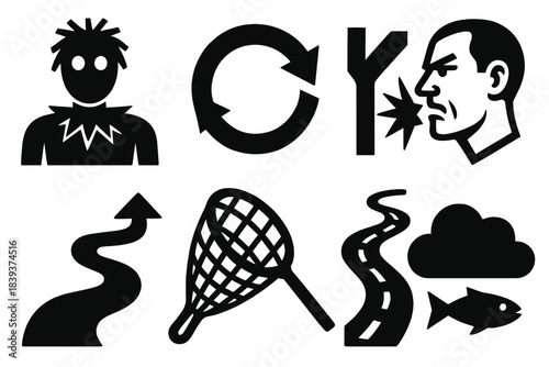 Logical Fallacy Icons. Logical Fallacy Frameworks silhouette set: straw man symbol, circular reasoning loop, false dilemma fork, ad hominem spark, slippery slope path, hasty