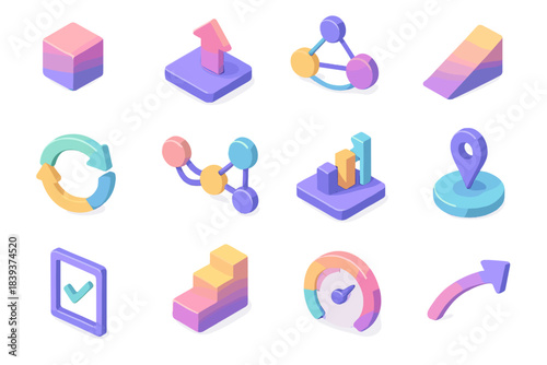Skill Development Icons. Skill Development Routes flat isometric set: foundational block, incremental step arrow, practice hub node, challenge ramp tile, reinforcement cycle ring,