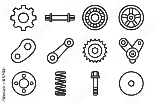 Mechanical Icon Set. Mechanical Core Components linear set: gear wheel, drive shaft, ball bearing, pulley wheel, cam profile, crank arm, sprocket ring, belt tensioner, coupling