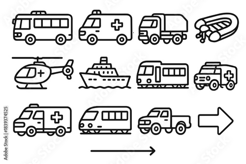 Evacuation Transport Icons. Transportation for Evacuation linear set: rescue bus, emergency van, evacuation truck, inflatable boat, rescue helicopter, transport ferry, rail