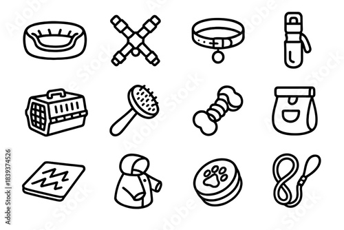 Pet Accessory Icons. Animal Lifestyle Accessories linear set: cozy pet bed, adjustable harness, stylish collar, water bottle clip, travel crate, grooming brush, chew toy, treat