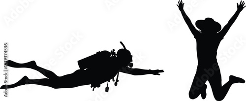 Silhouettes of scuba diver and joyful traveler in motion, symbolizing adventure, vacation, and contrasting recreational experiences