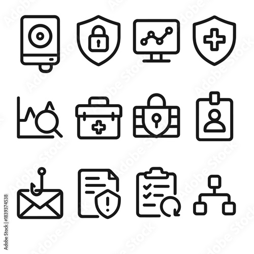 Cybersecurity Icons Collection. Digital Resilience Toolkit linear set: backup drive, encrypted key, system monitor, security patch, anomaly detector, disaster recovery box, secure