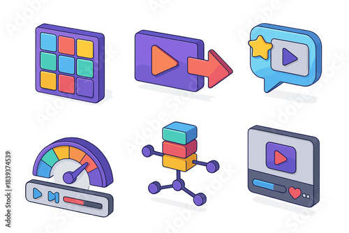 Colorful Streaming Icons. Online Streaming Framework flat isometric set: channel mosaic tile, content pipeline arrow, personalized suggestion bubble, playback control bar,
