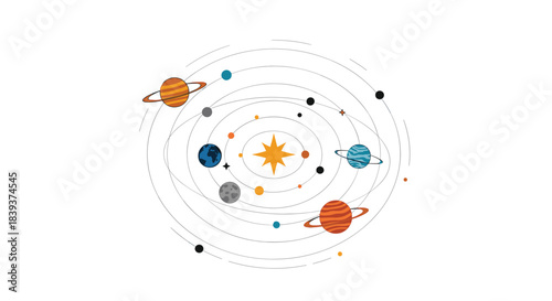 Minimalist and stylized illustration of the solar system with planets orbiting a central star on a white background.