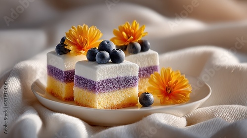   A blueberry-adorned sunflower rests atop a white plate, accompanied by a delectable piece of cake