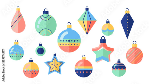 Collection of festive Christmas ornaments with geometric patterns and vibrant colors, perfect for holiday decoration