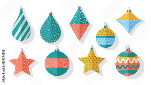 Collection of festive holiday ornaments with diverse geometric patterns and bright colors, perfect for Christmas and New Year decorations