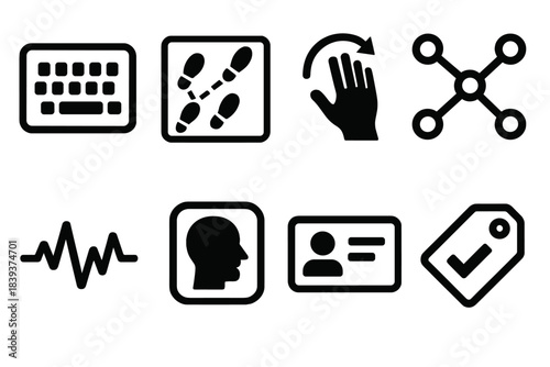 Brutalist Icon Set. Adaptive behavior verification silhouette set: typing pattern bar, gait trace tile, gesture arc, motion signature node, pressure map line, behavior cue icon,