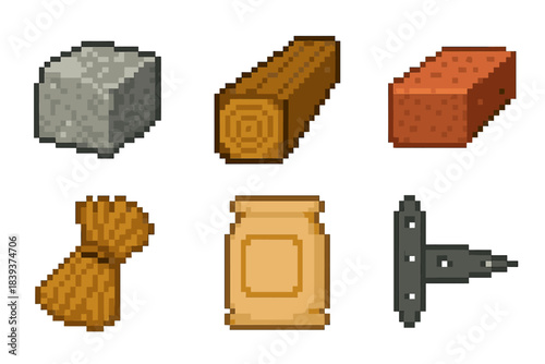 Historic Building Icons. Historic Building Materials set of icons in flat pixel vector style: stone block, timber beam, clay brick, lime mortar bag, thatch bundle, iron hinge.