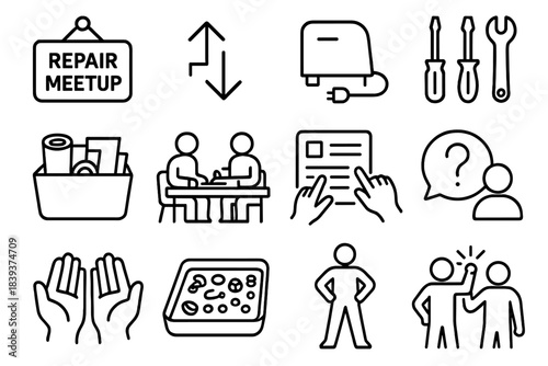 Community Repair Collaboration. Local Fix-It Collaboration linear set: repair meetup sign, task pairing arrows, small appliance icon, hand tool set, materials bin, community repair