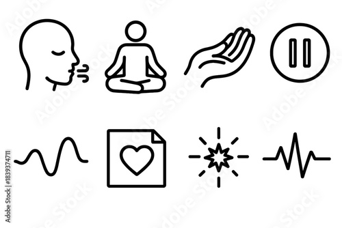 Mindfulness Icon Set. Mindful Coping Skills Set linear set: grounding breath, calm posture figure, soothing hand gesture, gentle pause icon, emotion wave, support note, clarity