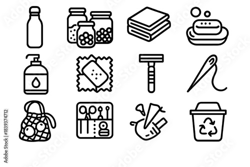 Eco-Friendly Icons. Low-Waste Lifestyle linear set: metal water bottle, bulk food jars, cloth napkins, bar soap, refill station container, beeswax wrap, reusable razor, fabric