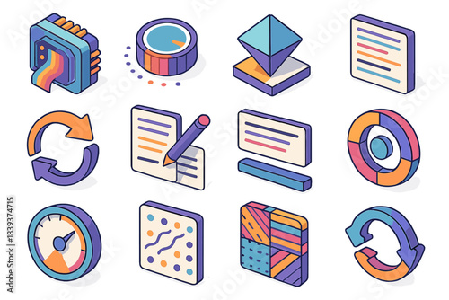 Isometric Vector Icons. Intelligent Content Adaptation flat isometric set: context fusion chip, tonal adjustment knob, structural shift tile, adaptive wording panel, semantic remap