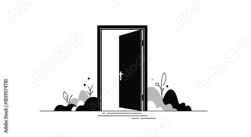 Black and white illustration of an open door representing opportunity new beginnings or an entrance to another space.