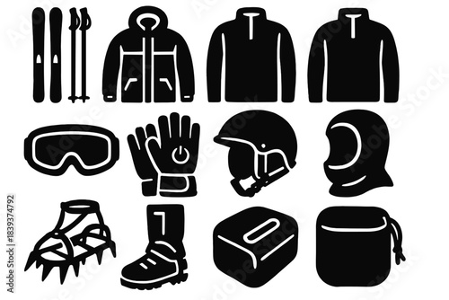 Winter Sports Gear Icons. Winter Athletics Kit silhouette set: cross-country skis, ski poles, insulated shell coat, fleece midlayer, snow goggles, heated gloves, winter helmet,