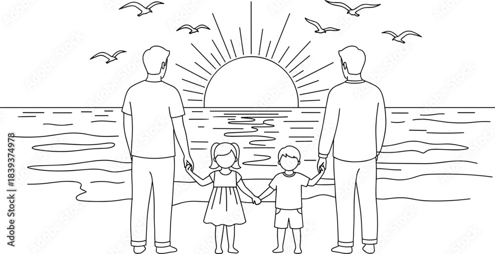 Naklejka premium Same-sex couple with son and daughter standing on beach holding hands watching beautiful sunset or sunrise over ocean horizon, line art vector illustration.