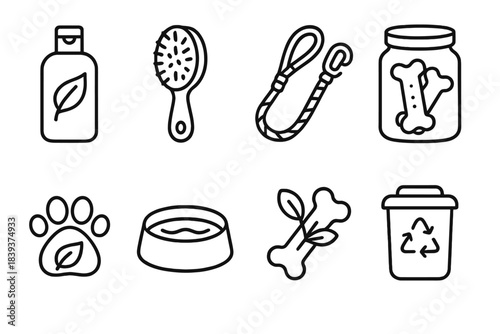 Sustainable Pet Care Icons. Eco-Friendly Pet Care linear set: organic shampoo bottle, compostable brush, natural fiber leash, refillable treat jar, eco paw symbol, clean water bowl