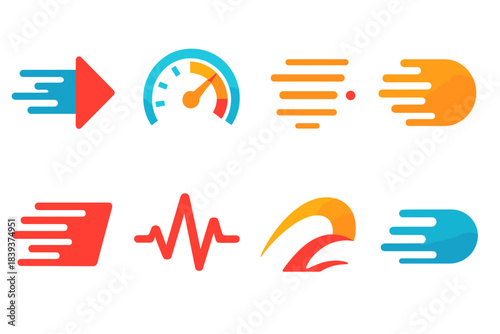 Modern Speed Icons. General Speed flat set: fast arrow, motion streak, speedometer dial, rapid lines, racing pulse, swift curve, rushing wave, quick dot.